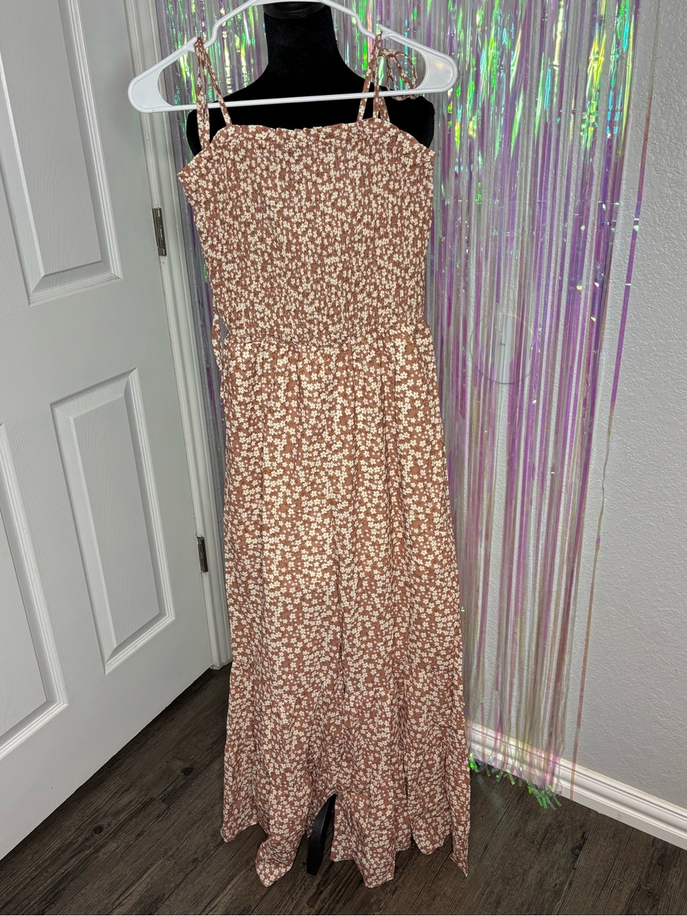 Smocked Bodice Floral Jumpsuit in Khaki/ Orange- Ruffle Wide Leg Adj Thin Straps - Picture 2 of 12